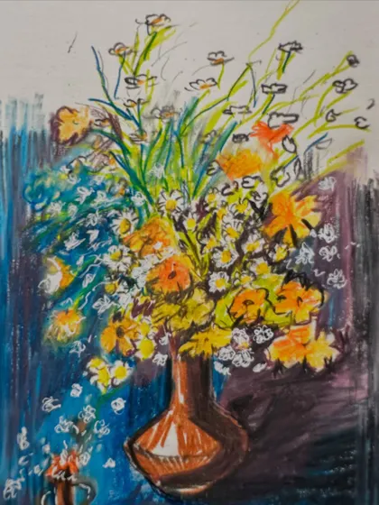 An expressive and colourful still life of a bouquet of flowers in a vase, created with oil pastels.