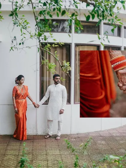 A collage combining a full-length portrait with a close-up detail of the couple holding hands, telling a more complete story in one image.