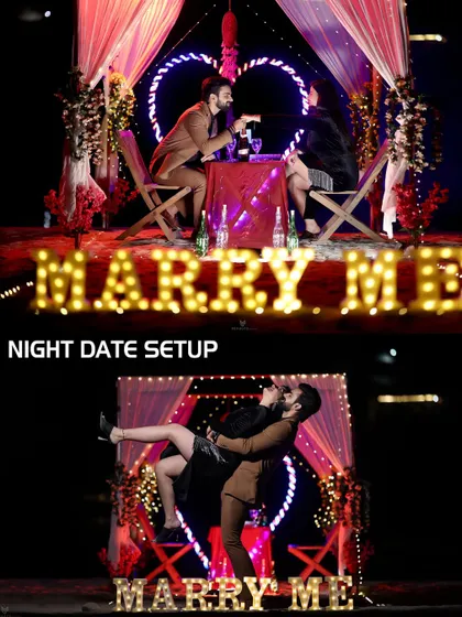 This collage shows a complete "Night Date Setup" theme, including a "Marry Me" sign, a beautifully decorated table, and a playful lift. It's a full concept we can create for you.