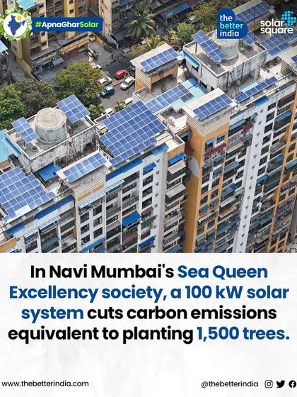 An infographic about Navi Mumbai's Sea Queen Excellency society, whose 100 kW system cuts emissions equivalent to planting 1,500 trees.