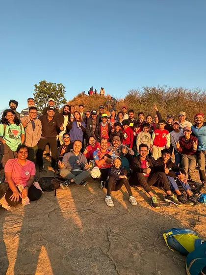 A large group of runners and trekkers after a successful Skandgiri sunrise trek. We can cater to groups with specific interests, like running clubs.