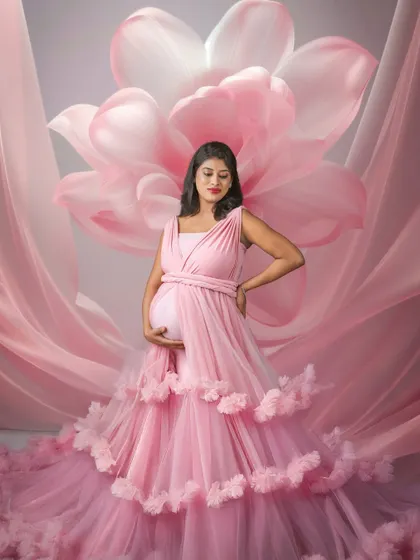 A dreamy portrait of a mom-to-be in a pink ruffled gown with a flowing train. The artistic backdrop adds a touch of fairytale magic to the image.