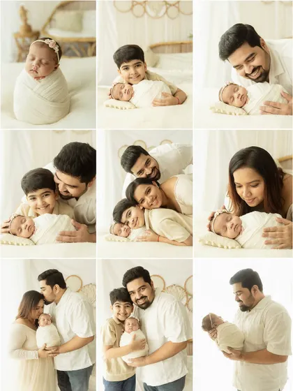 A beautiful summary of a family's first photoshoot. This collage includes solo shots of the newborn, sibling photos, and full family portraits.