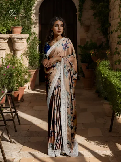 I introduce garments that evoke a sense of beauty and confidence. This printed satin saree with a French lace border is a perfect example of modern elegance.