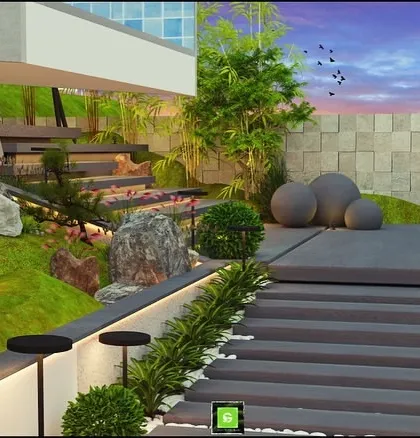 A 3D render for an upcoming sea-view villa project in Goa. This view shows the multi-level design with stone stairways, integrated lighting, and lush, tropical planting on a sloped terrain.