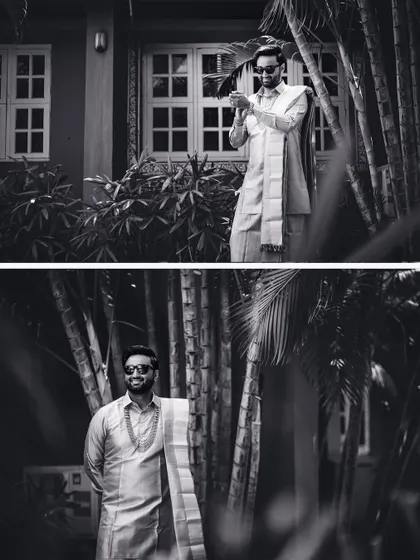 A stylish black and white collage of the groom, capturing his cool and confident look.