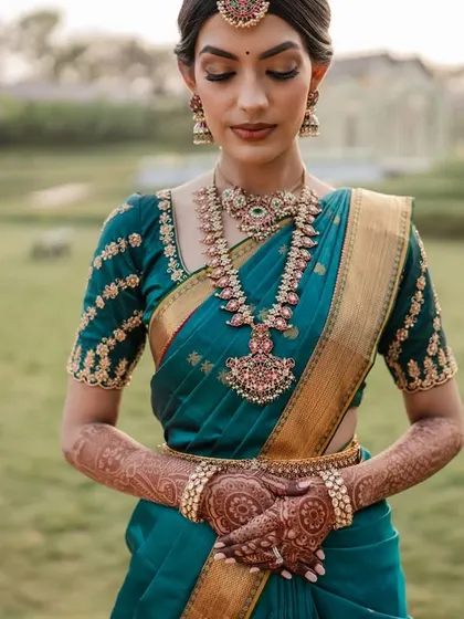 A radiant bride in her teal Kanjeevaram saree. We love capturing the vibrant colors and rich traditions of South Indian weddings.