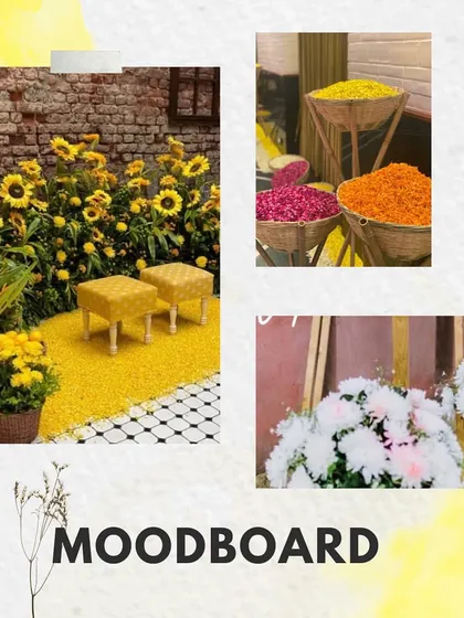 More visual cues for the 'Haldi Holi' party, focusing on the use of sunflowers, tie-dye patterns, and baskets of colorful gulal.