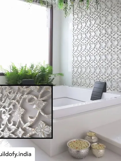 A closer look at the exquisite mother-of-pearl jaali we commissioned for the spa bathroom. Each piece was handcrafted and assembled to create this intricate floral screen, which adds a delicate, shimmering texture to the all-white marble space.