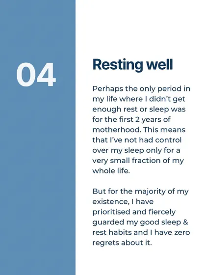 The five habits that kept me healthy for decades: consistent eating, moving all day, drawing boundaries, resting well, and being content.