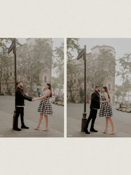 A diptych showing the couple's playful and romantic moments against a vintage street sign.