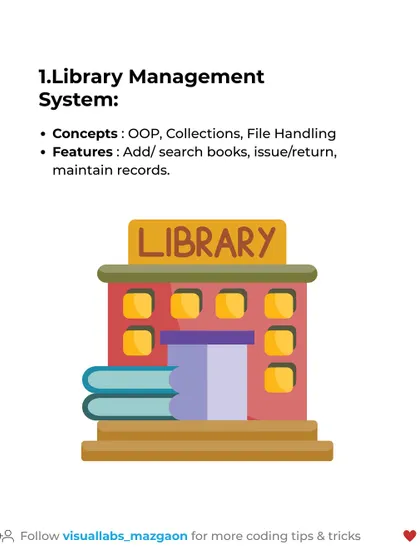Java project idea 1: a Library Management System. This project teaches you core OOP concepts, collections, and file handling to manage books and records.