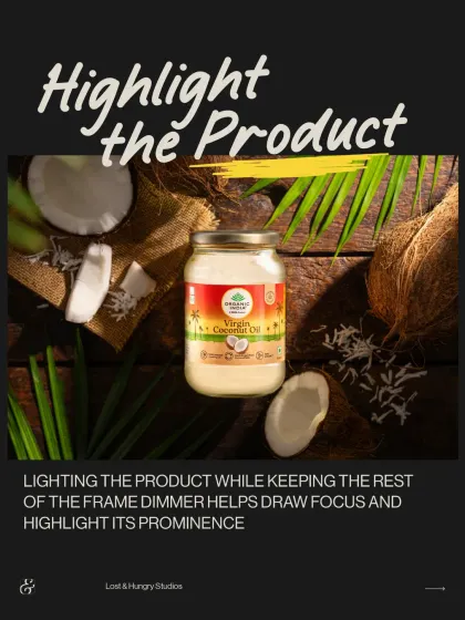 A dramatic shot of Organic India's Virgin Coconut Oil. We used focused lighting to make the product stand out against a dark, rustic background of coconut shells and leaves.