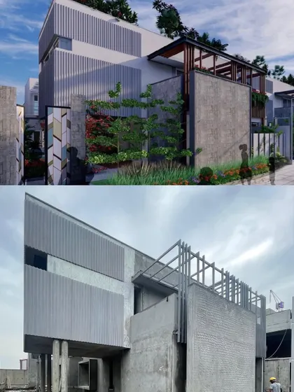 A duplicate image showing the progress of the 'Udyana' villas, demonstrating the translation from digital model to physical structure.