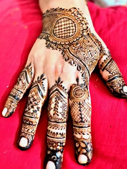 A stylish henna design for the back of the hand, combining traditional elements with a modern layout.