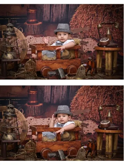 A two-photo collage from the vintage barn shoot. The set includes classic props like an old-fashioned telephone and birdcages, adding authentic detail to the scene.