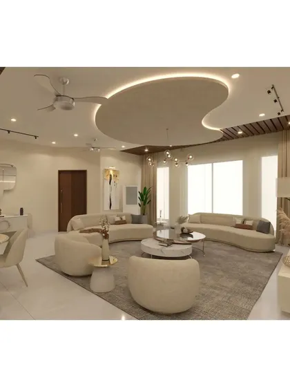 A wider view of the open-plan living and dining area, showing the cohesive design language. The combination of wood-paneled ceilings and soft, modern furniture creates a warm and contemporary feel.