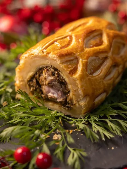 A close-up of our festive Lamb Wellington, a true showstopper. The golden, lattice puff pastry encases tender lamb and a rich mushroom duxelles, a testament to our mastery of classic European culinary techniques.