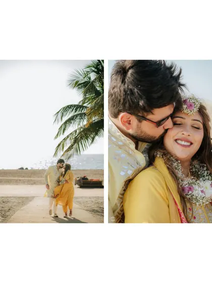 A tender moment on the beach during a pre-wedding event. The contrast between the colorful Haldi attire and the serene beach is beautiful.