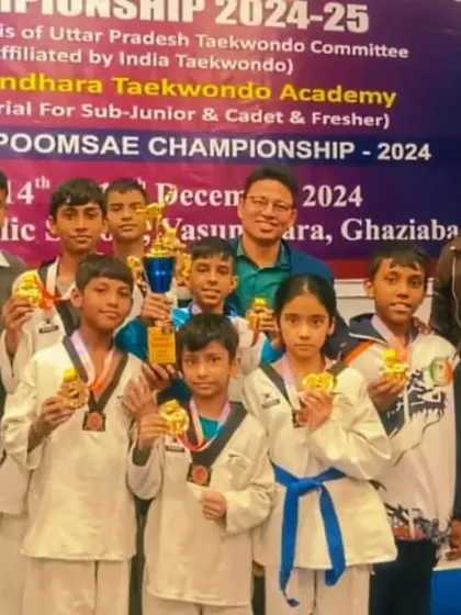 The whole team celebrating a massive win at the Ghaziabad District Taekwondo Championship. We brought home a haul of medals.