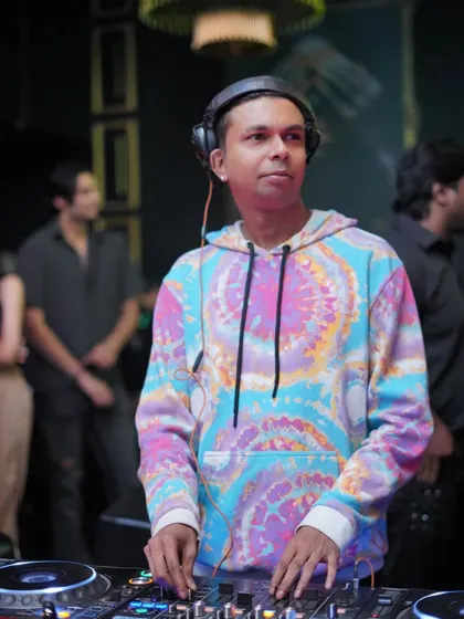 A more serious, focused look while wearing my tie-dye hoodie. It's a balance of fun and concentration.