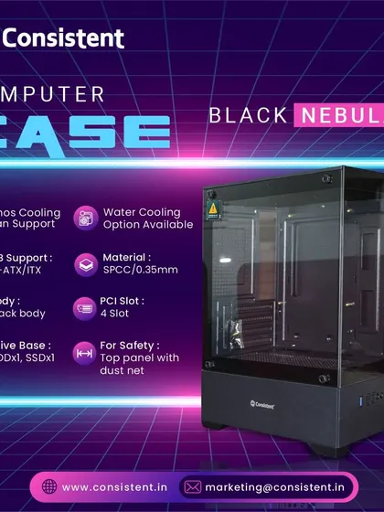 The Black Nebula case is shown here with its key features highlighted. It supports up to five fans, has a water cooling option, and includes a dust net on the top panel to protect your components.