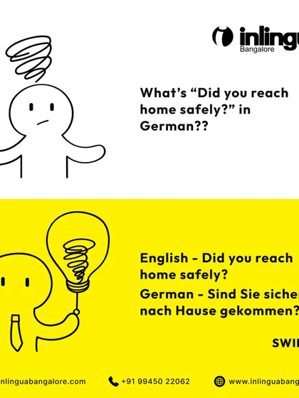 This graphic teaches the German version of "Did you reach home safely?" It's another example of practical, real-world vocabulary that our courses focus on.