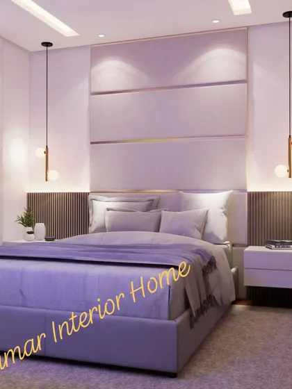 Another view of the bedroom with the metallic-inlay headboard, showing the elegant pendant lights and matching side tables.