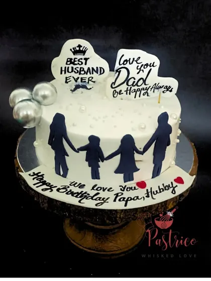 A heartfelt cake for a husband and father, decorated with family silhouettes and loving messages.