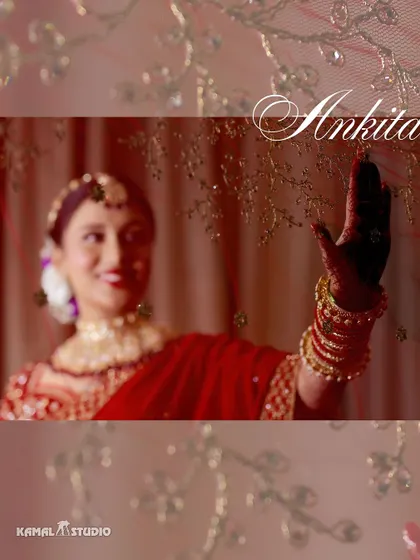 An artistic shot of the bride, Ankita, with her name elegantly displayed, focusing on the details of her attire.