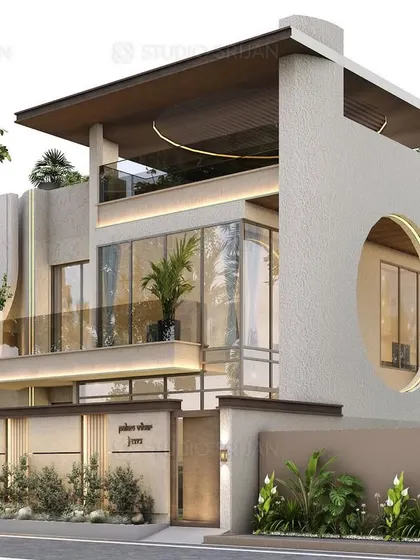 A 365 sq. yard home in Palam Vihar, Gurgaon, featuring a unique circular window and a curved facade element. These soft, organic shapes contrast with the clean, straight lines of the structure, adding a point of visual interest.