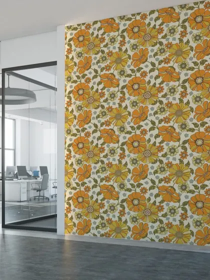 This office space is brightened up with the vibrant energy of our Crimson Daisies Floral Pattern wallpaper. It’s a great way to create a positive and stimulating work environment.