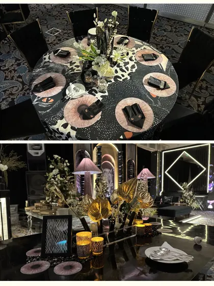 A collage of key design elements. The top image shows the round table setting with its striking 'panther eye' placemats, while the bottom image highlights the lounge area's details, including themed lampshades and golden anthuriums.