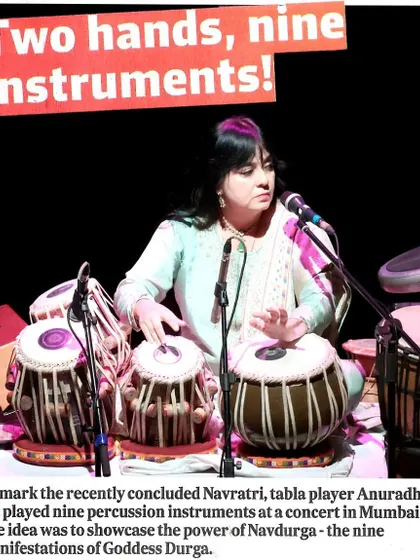 A newspaper feature titled 'Two hands, nine instruments!'. This article covers a special Stree Shakti concert for Navratri, where I played nine different percussion instruments to showcase the power of Navdurga.