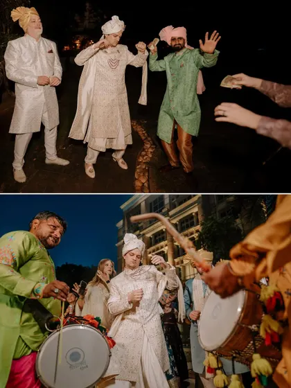 The groom dancing to the beat of the dhol. These high-energy shots are a must-have, capturing the vibrant spirit of an Indian wedding.