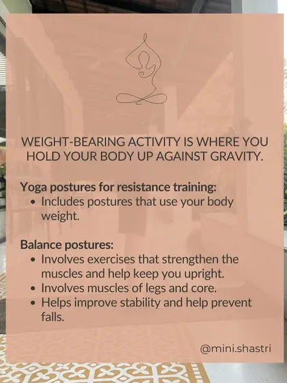 This graphic explains the importance of weight-bearing and balance exercises. Yoga is a perfect form of resistance training, using your own body weight to strengthen muscles and bones.