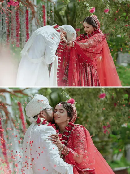 A collage capturing the emotional and joyful moments of a wedding, from the groom's bow to a rain of petals.