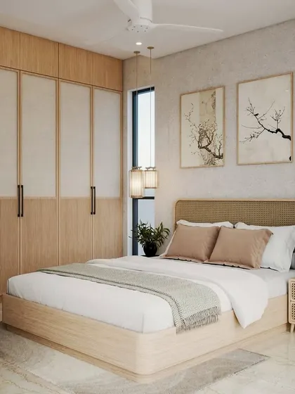 Another view of the Japandi master bedroom render, highlighting the soothing neutral tones and the inclusion of indoor plants to embrace biophilic design.