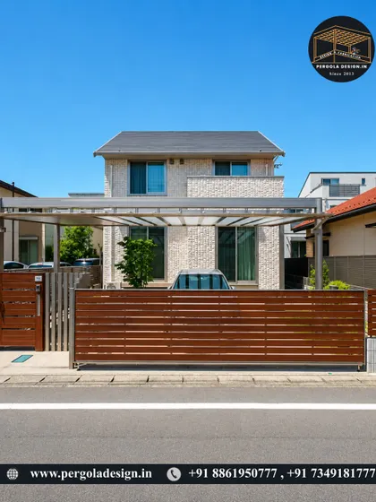 A wide view of a two-car carport with a durable polycarbonate roof. The simple, clean lines of the frame ensure the focus remains on the home's architecture, providing a functional shelter that is both unobtrusive and stylish.