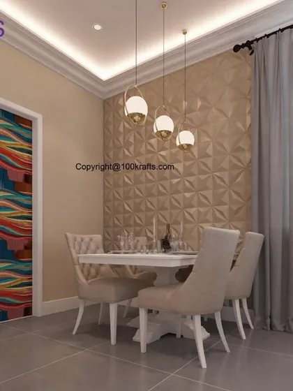 The dining room from our 'American Industrial' villa project in Pune. A textured 3D wall panel and a colorful, abstract door design add an artistic and edgy vibe to the space.
