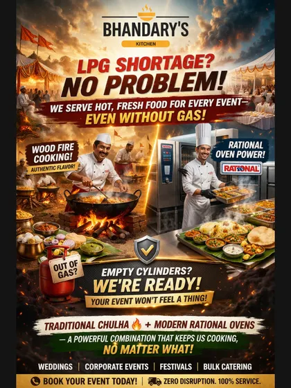 Your event's success is my top priority. This is my promise to you: even with challenges like an LPG shortage, my team is prepared with backups like traditional wood-fire chulhas and modern rational ovens to ensure zero disruption and 100% service.