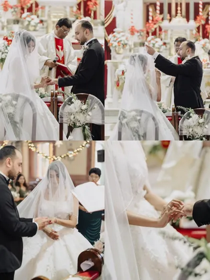 A collage of the ring exchange and blessing during a church ceremony. These images capture the sacred and solemn moments of the wedding vows.