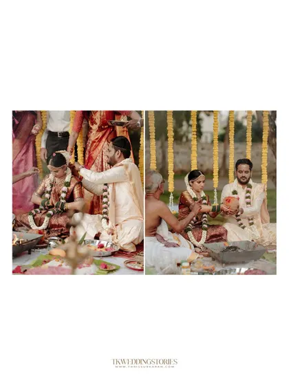 A collage showing the sacred rituals of a South Indian wedding ceremony, with the couple seated before the holy fire.