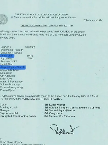 The official KSCA document confirming the selection of Aditya Jha and Aaryansinh Chavda to the Karnataka U-14 team.