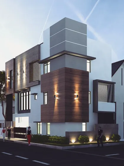 A contemporary 4-bedroom duplex on a 50x30 corner plot in Kammanahalli. The night view highlights how I use architectural lighting to accentuate the building's form, creating a dynamic composition of solid masses, wood cladding, and illuminated voids.