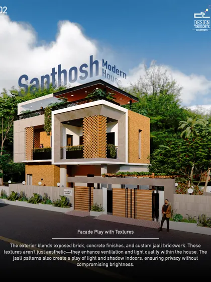 The facade of the "Santhosh Modern House" plays with textures. The custom jaali brickwork is not just for aesthetics; it enhances ventilation and creates a beautiful play of light and shadow indoors.