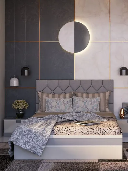 The same bedroom concept, showing how the dramatic black and white wall serves as a powerful backdrop. The design is bold, balanced, and full of contrast.