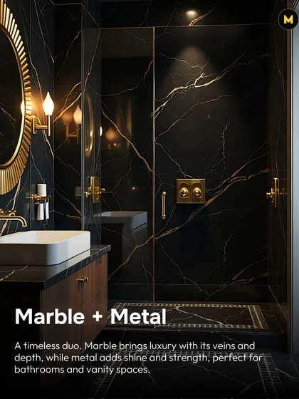 Marble and metal are a timeless duo. Marble brings luxury with its deep veins, while metal adds shine and strength. This combination is perfect for creating a glamorous bathroom or vanity space.