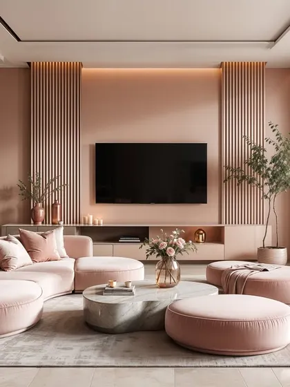 A modern living room with a curved pink sofa, round ottomans, and a fluted accent wall behind the TV. The design is soft, contemporary, and stylish.