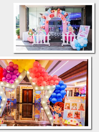 Two more examples of eye-catching entrances: a princess theme with a pink castle arch and a vibrant art theme with a light-up star arch.